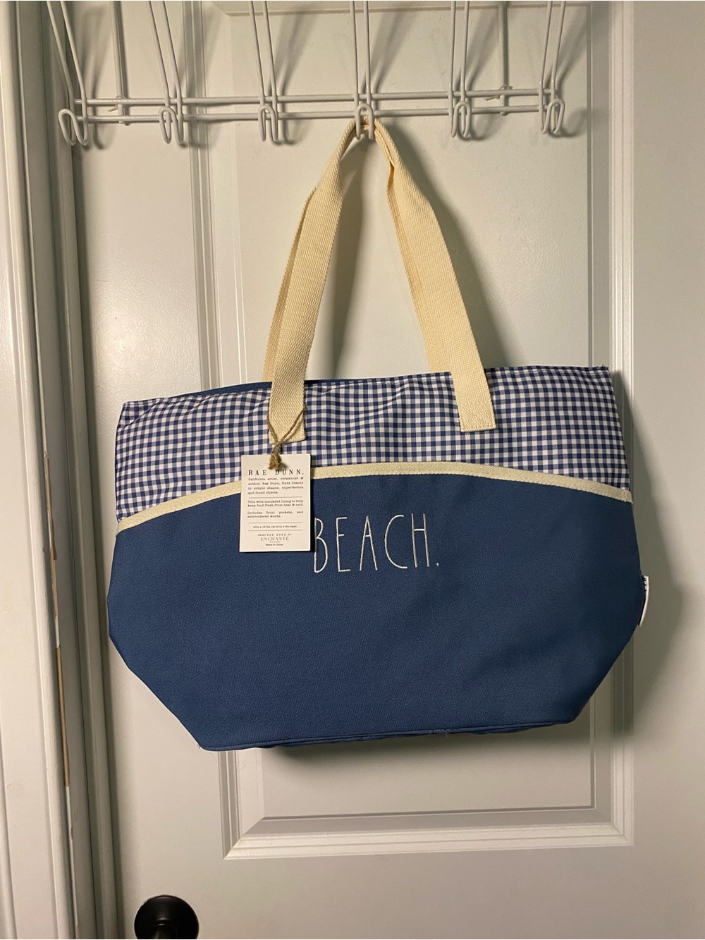 NWT Rae Dunn Blue 'BEACH.' Insulated Tote Bag with Gingham Trim